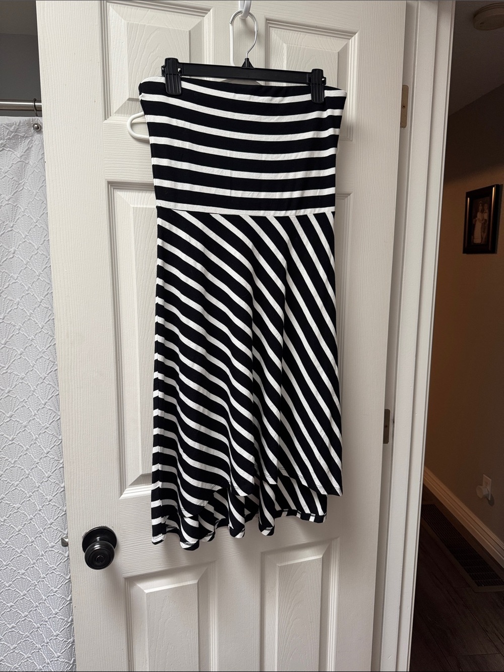 LOFT Black and White Striped High-Low Strapless dress